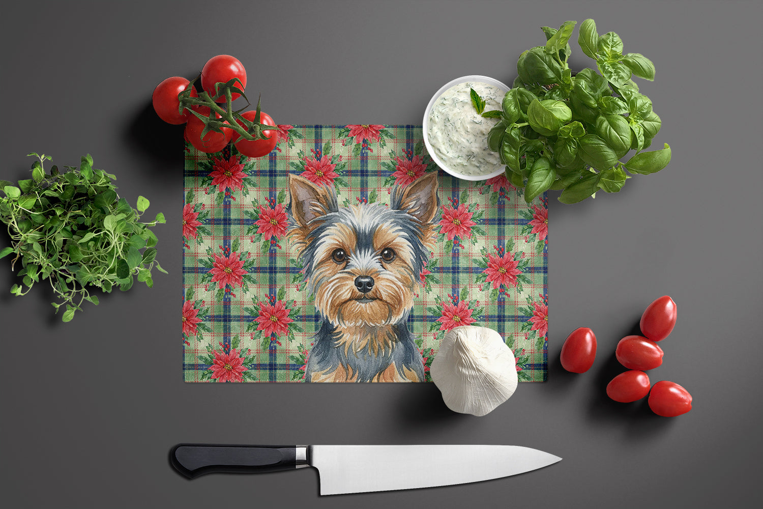 Blue and Tan Yorkshire Terrier Christmas PoinsettIas Cutting Board Tempered Glass Kitchen Cutting Surface, Heat Resistant Chopping, Non-Slip Feet, Food Prep & Serving