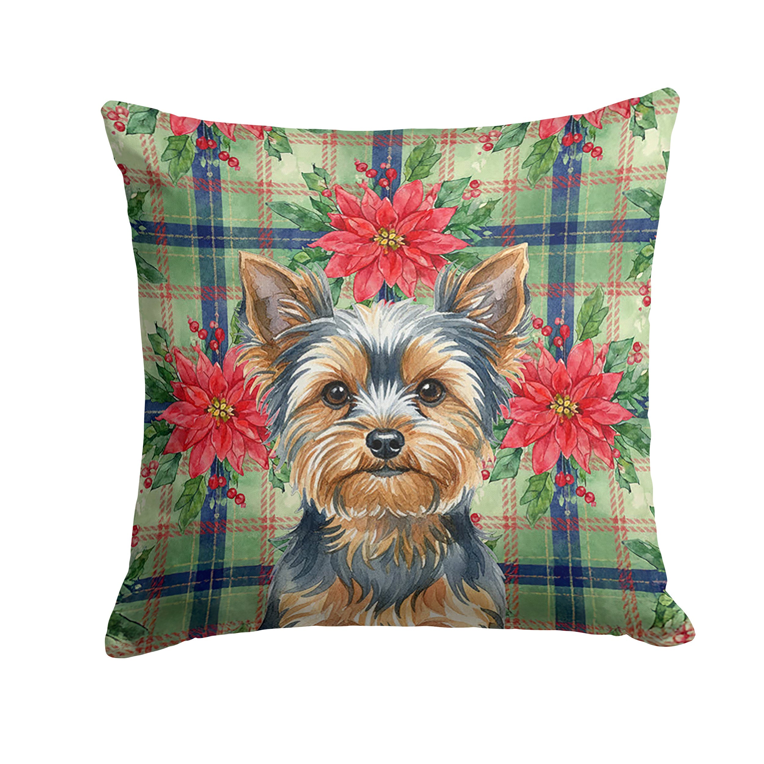 Blue and Tan Yorkshire Terrier Christmas PoinsettIas Decorative Throw Pillow 18x18 Indoor Outdoor Accent Cushion, Fabric Cover with Insert for Sofa, Bed, Porch & Living Room