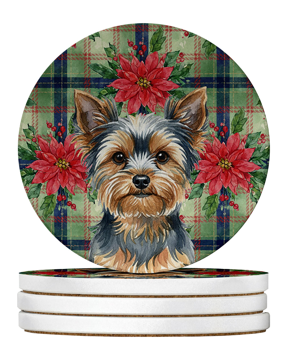Blue and Tan Yorkshire Terrier Christmas PoinsettIas Large Sandstone Coasters Pack of 4 Absorbent Round Coasters Decor Gifts for Men or Women, 4 in, Multicolor