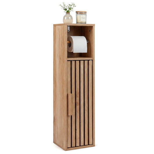 Costway Slim Bathroom Cabinets Freestanding Toilet Paper Holder Stand with Door-Natural