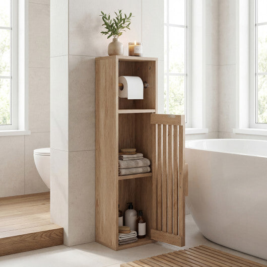 Costway Slim Bathroom Cabinets Freestanding Toilet Paper Holder Stand with Door-Natural