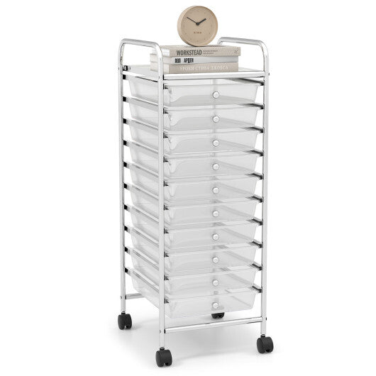 Costway 10 Drawer Rolling Storage Cart Organizer with 4 Universal Casters-Clear