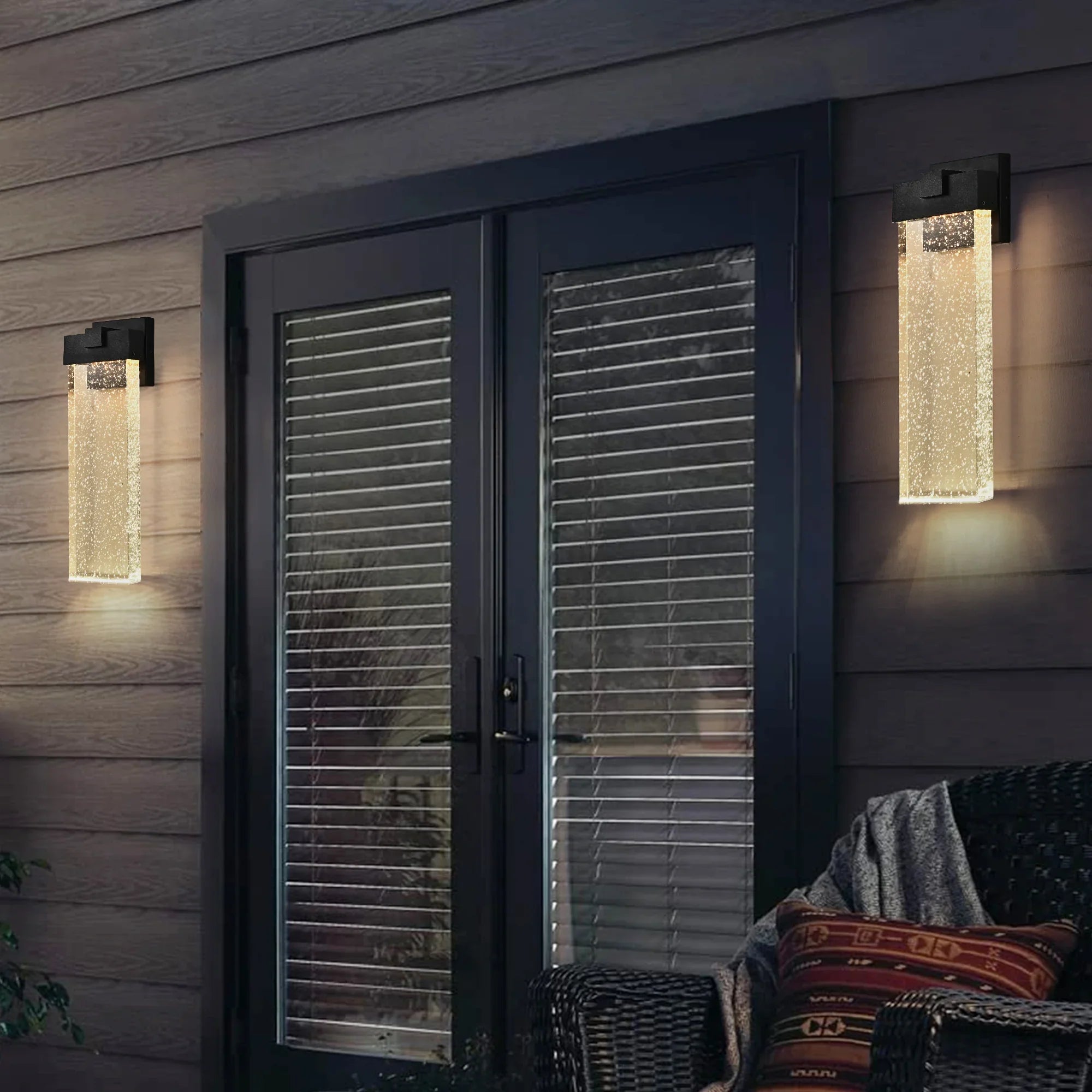 Modern Outdoor LED Wall Sconce – Bubble Crystal Up & Down Light, Weatherproof Black Frame | Porch & Patio