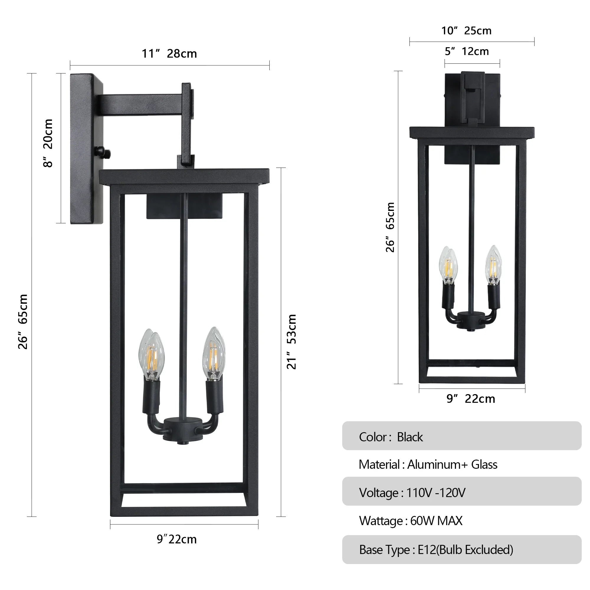 Outdoor Wall Lantern – Black Iron Frame, Frosted Glass & 4x E12 Sockets | Weatherproof Wall Sconce