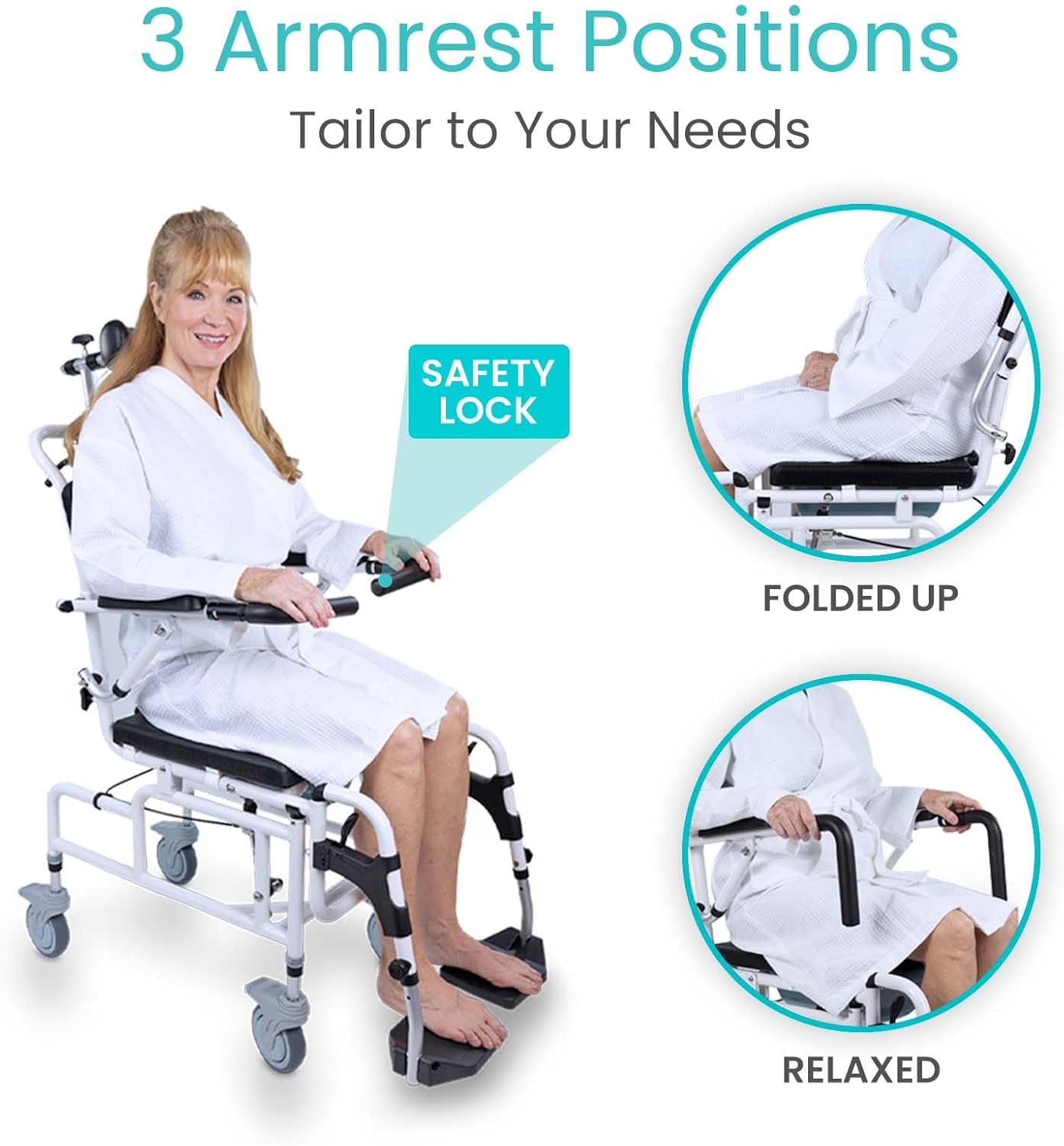 Reclining Shower Chair with Wheels - Commode Wheelchair for Seniors, Disabled, Bariatric & Handicap - Padded Transfer Rolling Chairs with Arms - Portable & Waterproof - Extra Wide Seat