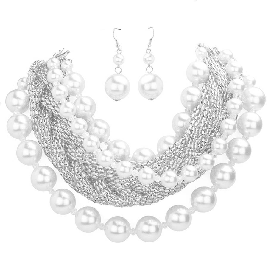 Bold Metal Braided Triple Layered Pearl Necklace