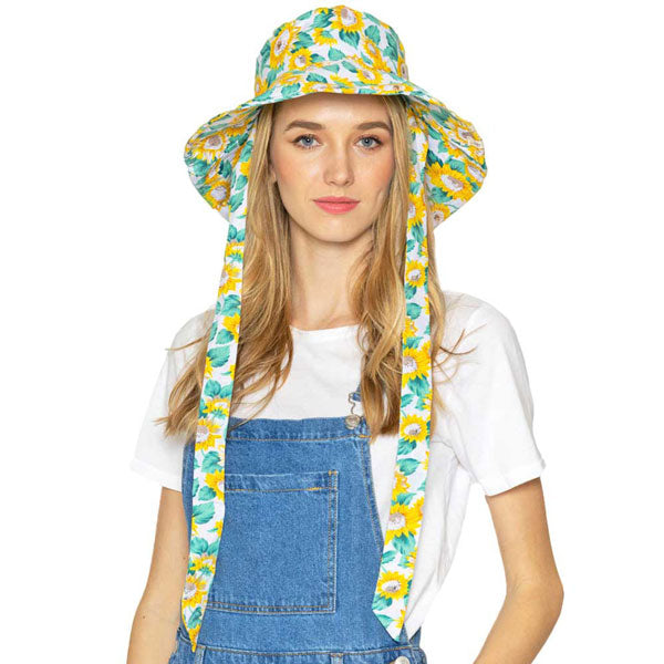 Sunflower Patterned Chin Tie Bucket Hat