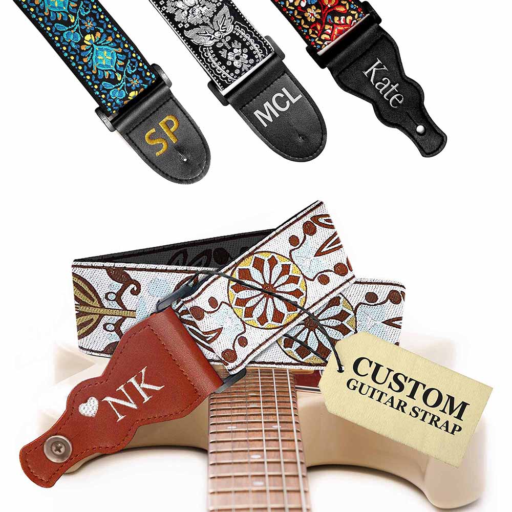 Custom White Woven Vintage Design Guitar Strap W/FREE BONUS- 2 Picks + Strap Locks + Strap Button