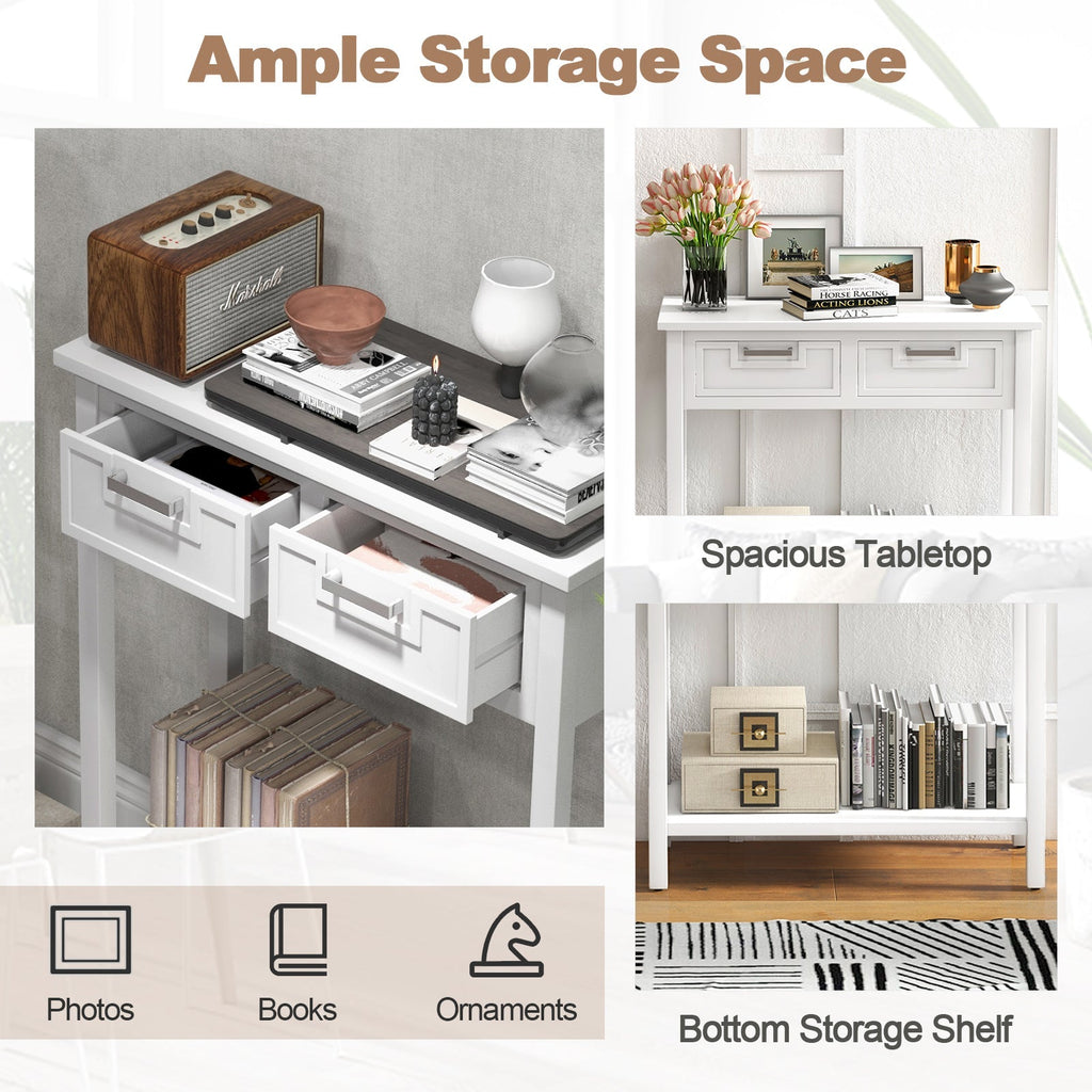Narrow Console Table with Drawers and Open Storage Shelf