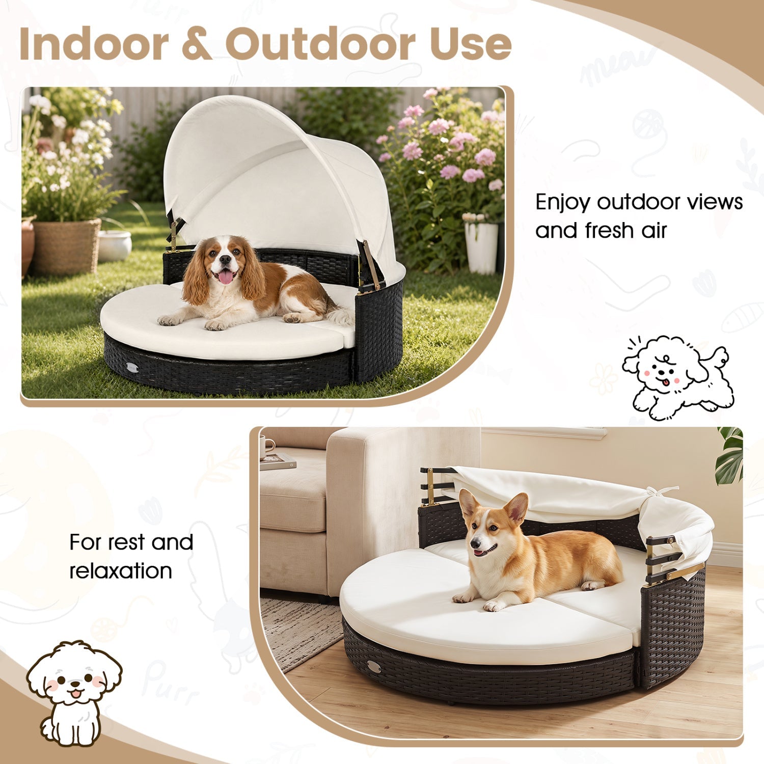 Wicker Dog House with Retractable Canopy & Cushion