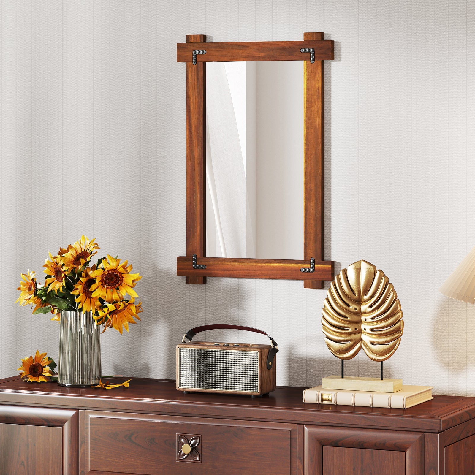 Wood Framed Mirror with Acacia Wood Frame and Vintage Rivet Design Brown