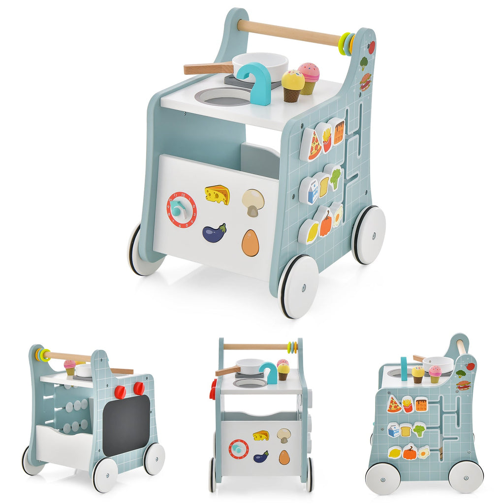 6-in-1 Wooden Baby Stroller with Play Kitchen for Kids Over 12 Months-Blue