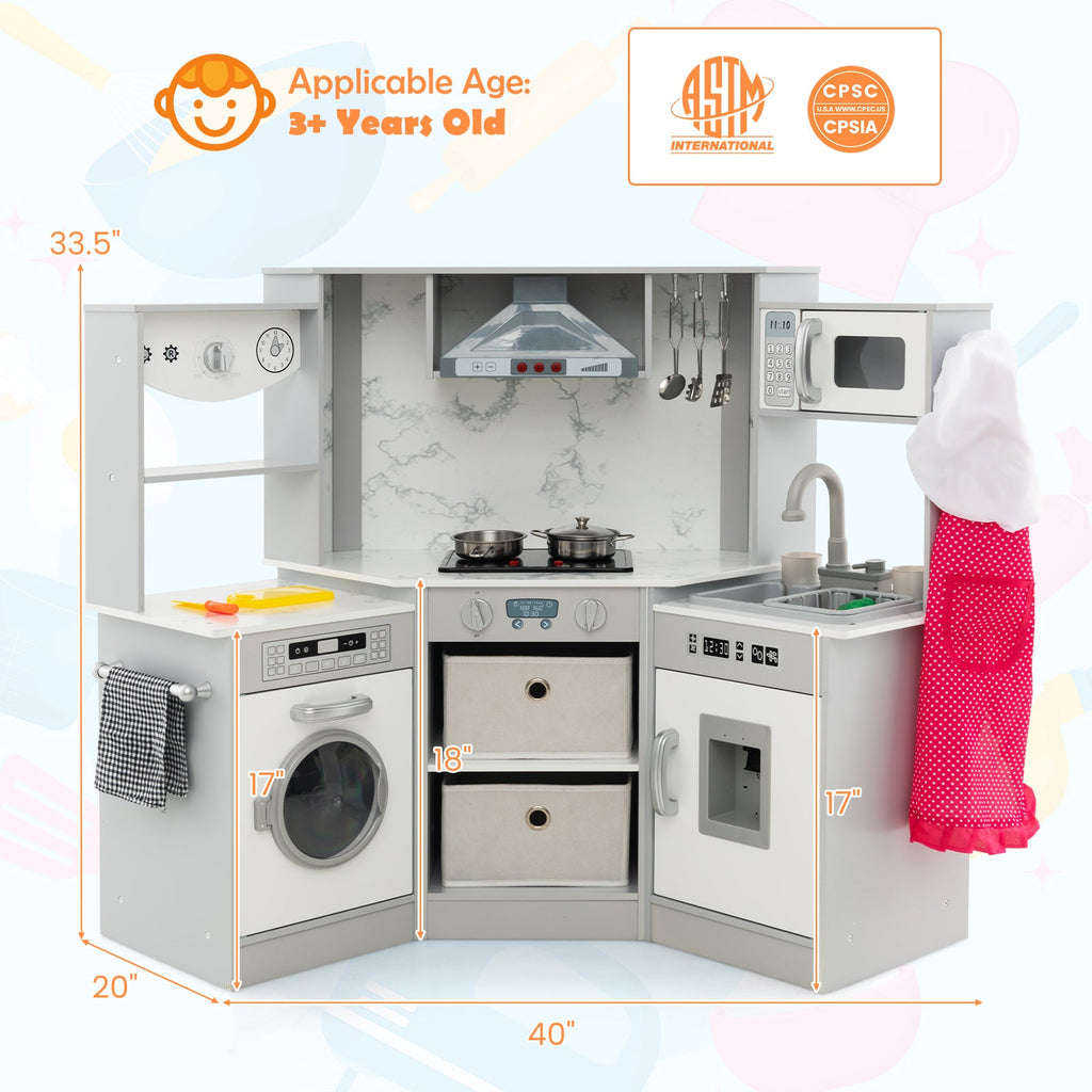 Wooden Kids Play Kitchen Playset with Realistic Lights and Sounds