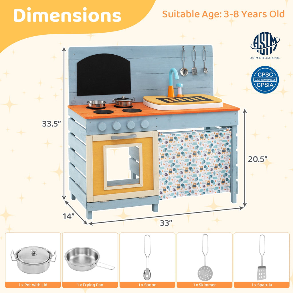 Wooden Toy Kitchen Playset with Removable Circulation Faucet and Cooking Accessories-Blue