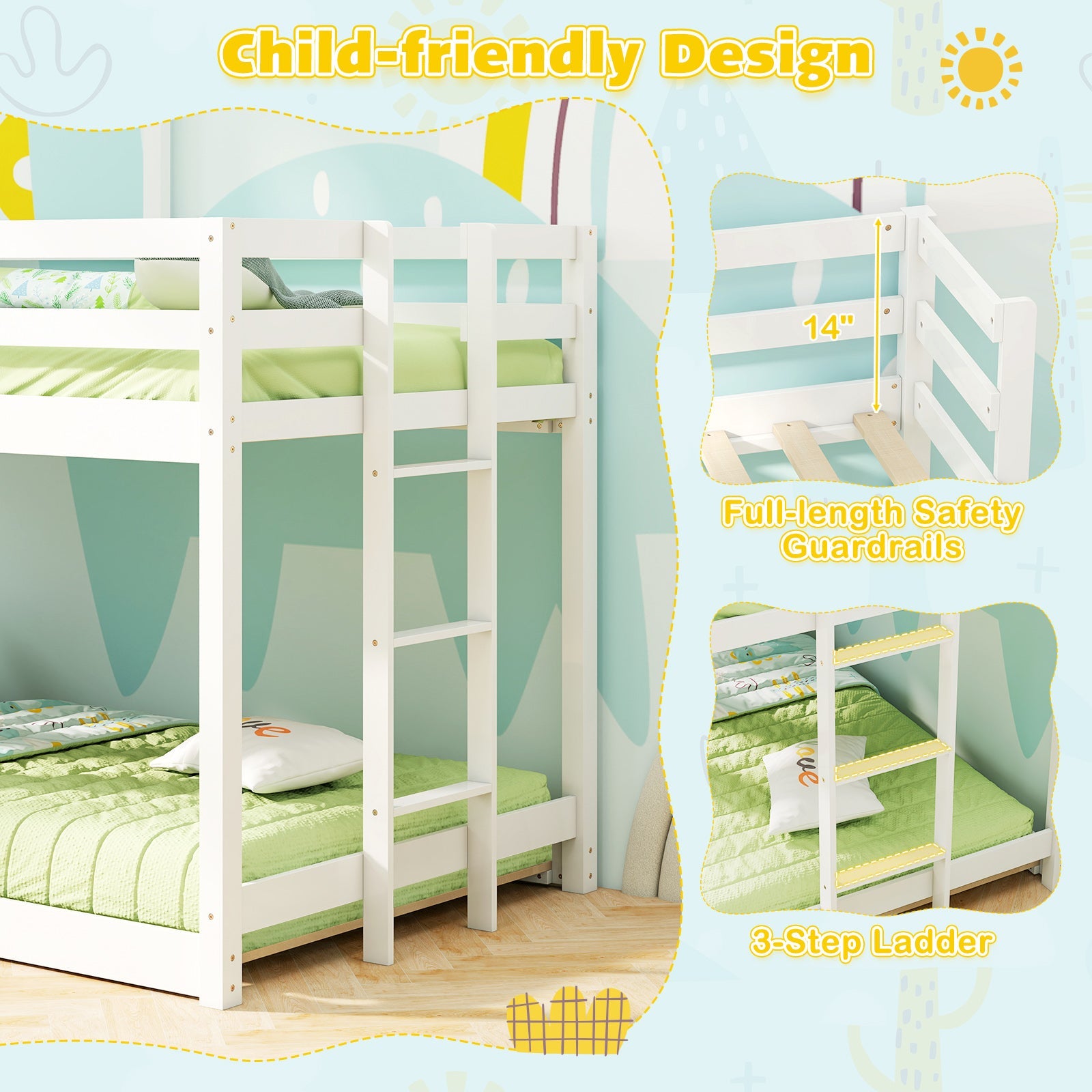 Wooden  Twin Over Twin Bunk Bed with Full-length Safety Guardrail and Ladder-White and Gray