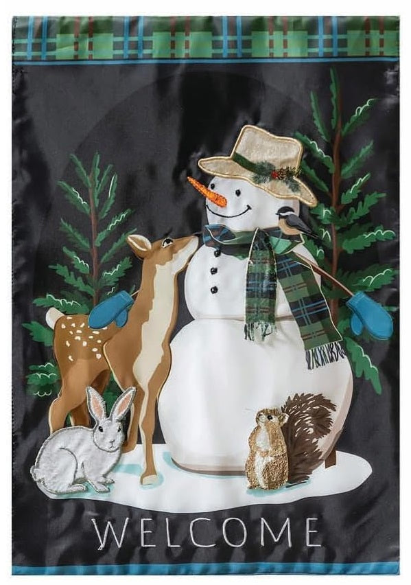 Woodland Snowman and Friends Garden Flag 2 Sided