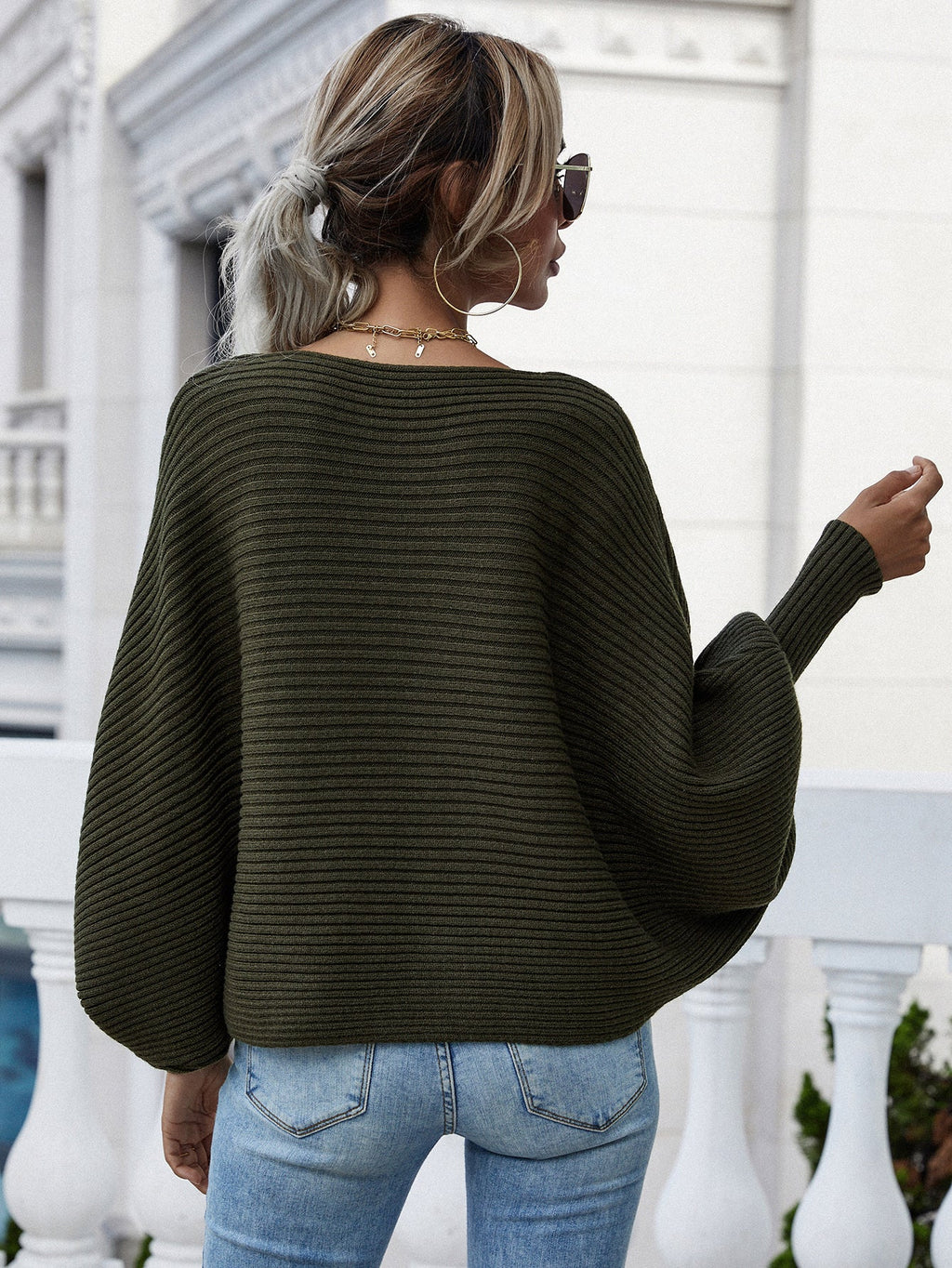 Woven Right Horizontal Ribbing Dolman Sleeve Sweater.