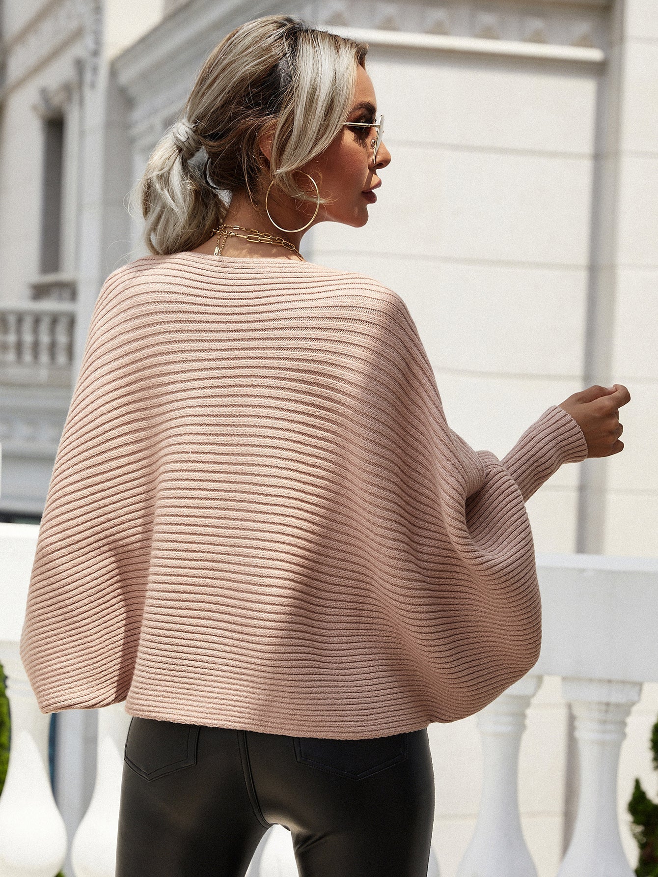 Woven Right Horizontal Ribbing Dolman Sleeve Sweater.