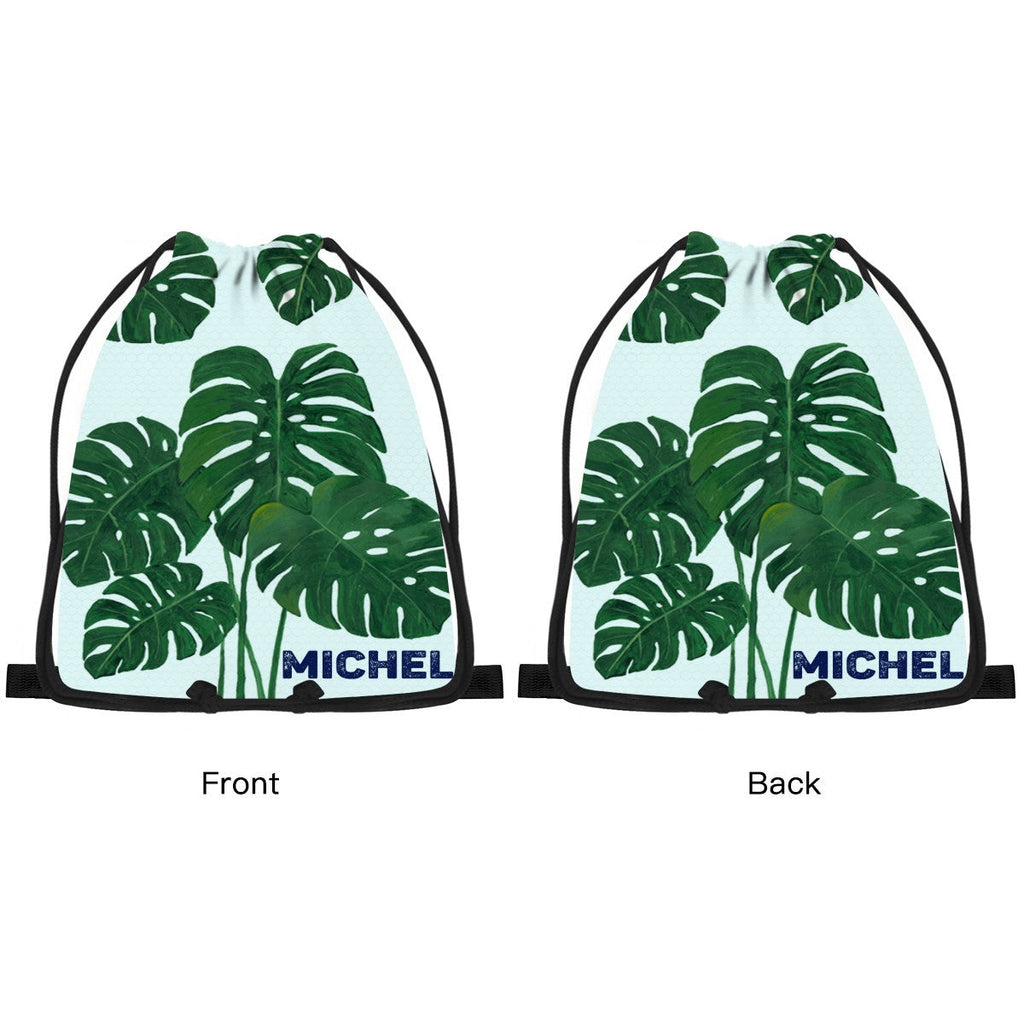 Personalized Tropical Leaf Drawstring Bag with Custom Name – Monstera Design Gift for Kids & Adults