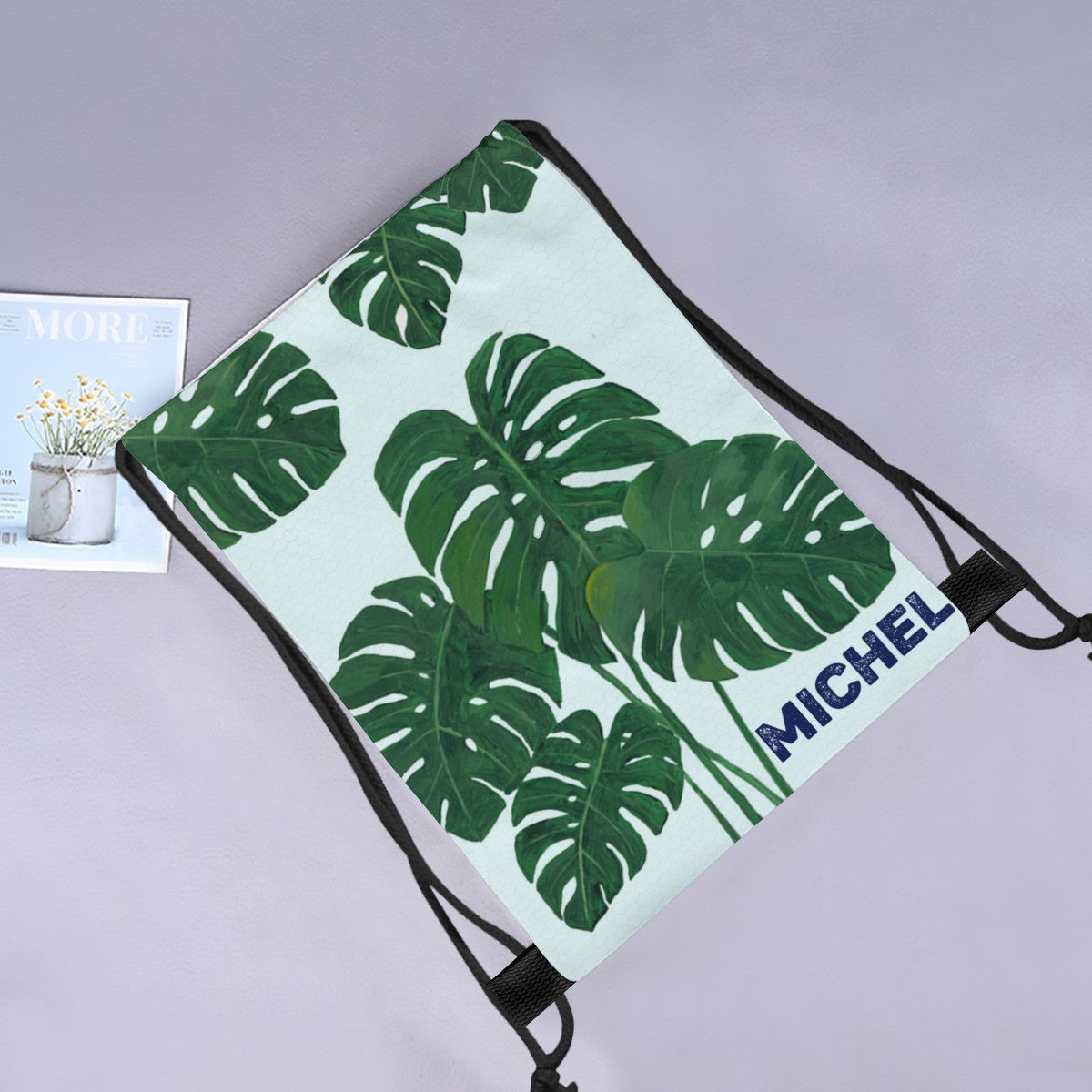 Personalized Tropical Leaf Drawstring Bag with Custom Name – Monstera Design Gift for Kids & Adults