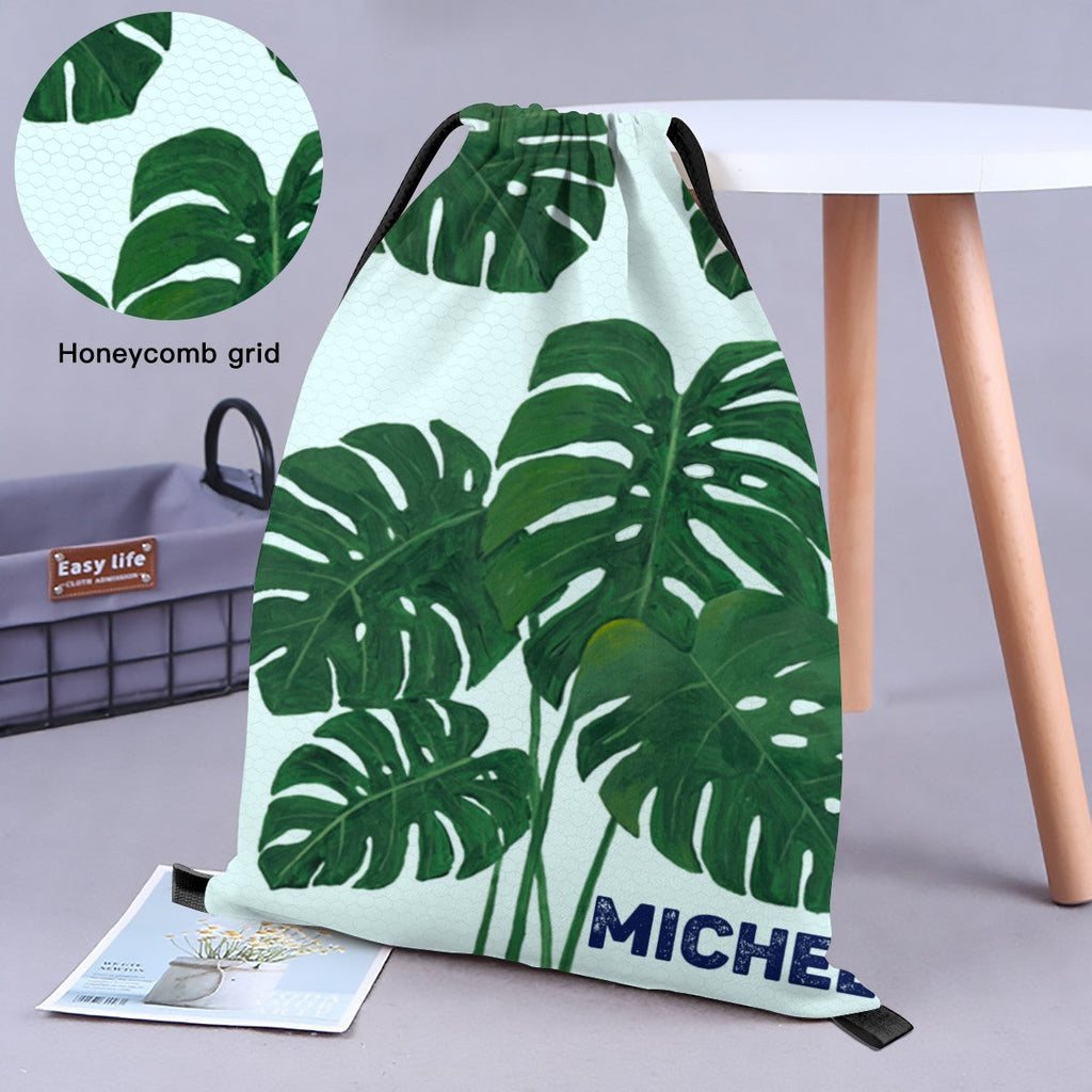 Personalized Tropical Leaf Drawstring Bag with Custom Name – Monstera Design Gift for Kids & Adults