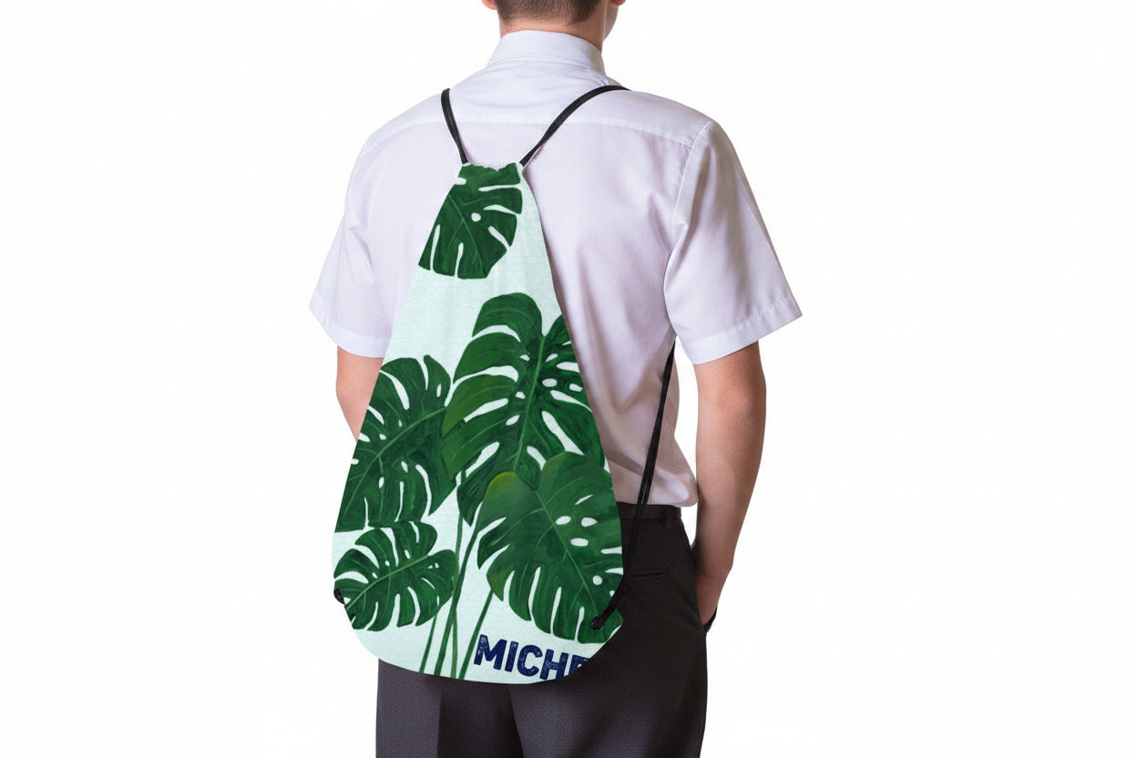 Personalized Tropical Leaf Drawstring Bag with Custom Name – Monstera Design Gift for Kids & Adults