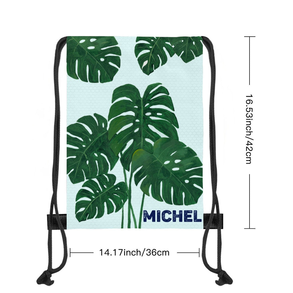 Personalized Tropical Leaf Drawstring Bag with Custom Name – Monstera Design Gift for Kids & Adults