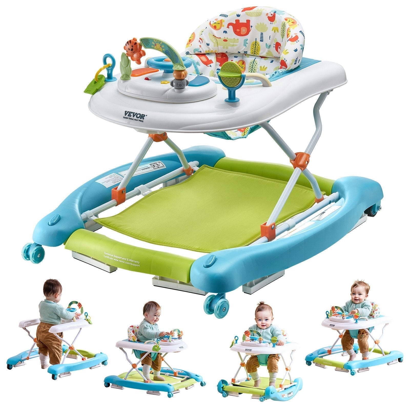 4-in-1 Baby Walker, Foldable Baby Activity Center on Wheels, 3 Adjustable Height, Music & Toys Tray, Learning-Seated | Walk-Behind | Rocker | Bouncer Toddler Walker for Girls Boys 6-24 Months