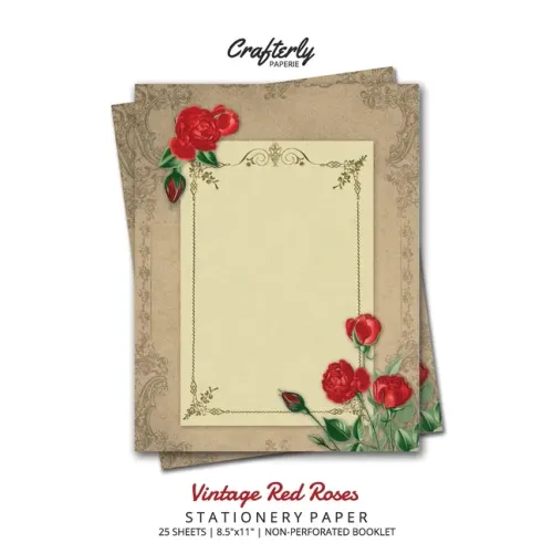 Vintage Red Roses Stationery Paper: Antique Letter Writing Paper for Home, Office, 25 Sheets (Border Paper Design) - Paperback