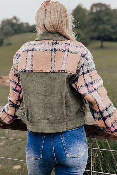 Plaid Corduroy Flap Pockets Button Up Jacket Trendy Outerwear With Classic Flap Pockets For Casual Comfort