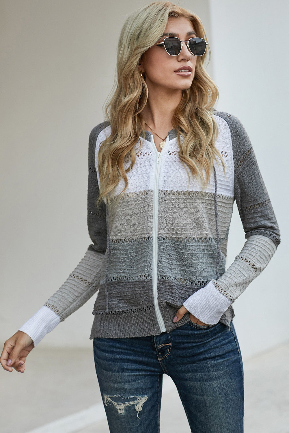 Multicolor Zipped Front Colorblock Hollow-out Knit Hoodie