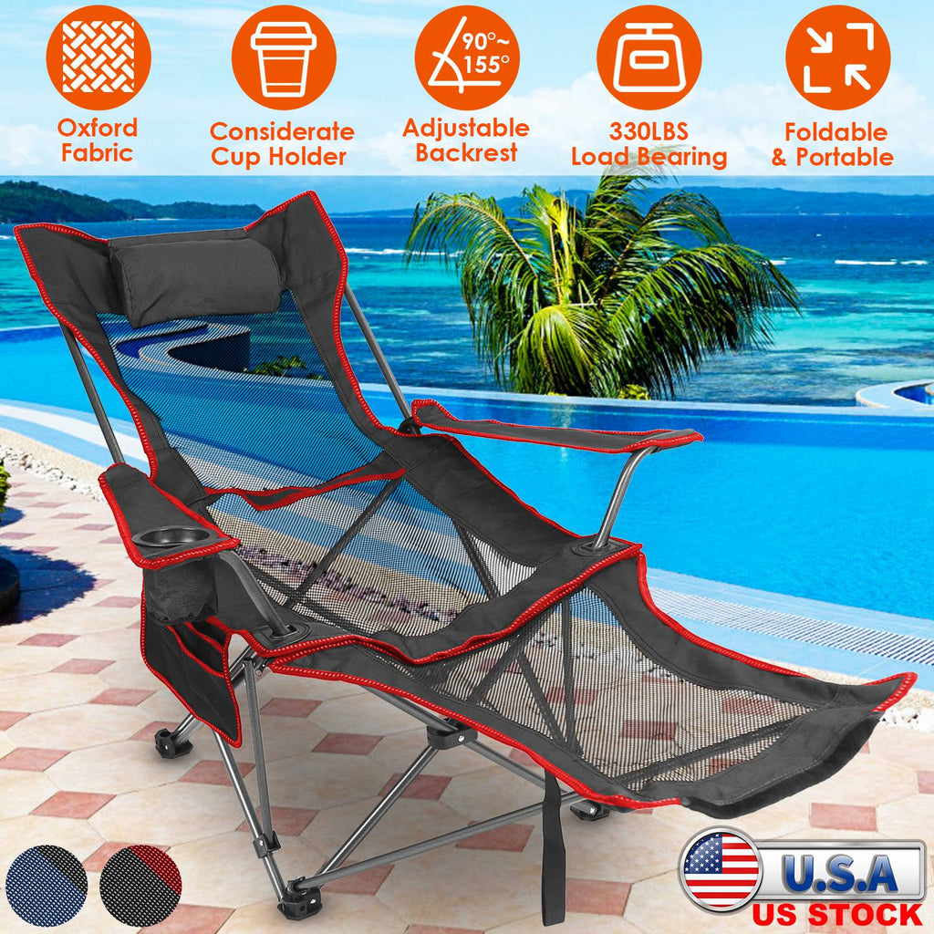 Foldable Camping Chair 330LBS Load Heavy Duty Steel Lawn Chair Collapsible Chair with Reclining Backrest Angle Cup Holder Pillow Side Pocket Carry Bag