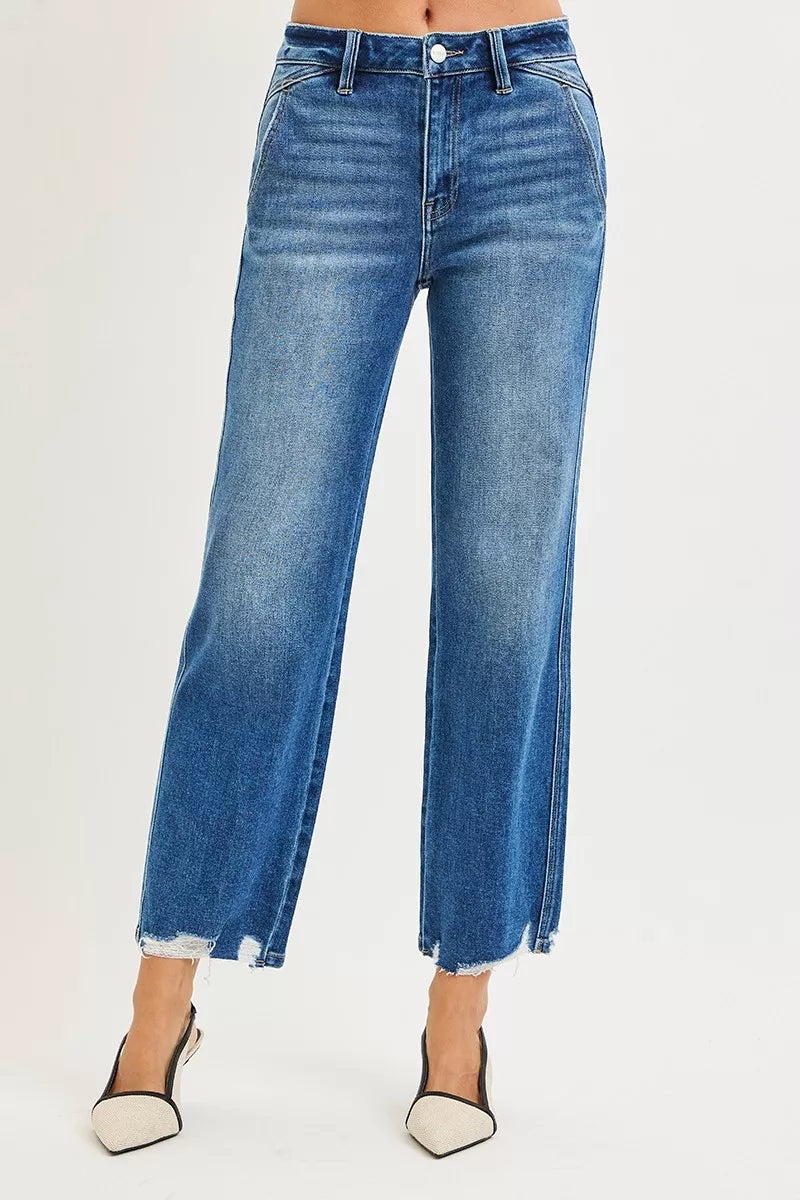 RISEN High Rise Ankle Straight Distressed Hem Detail Jeans