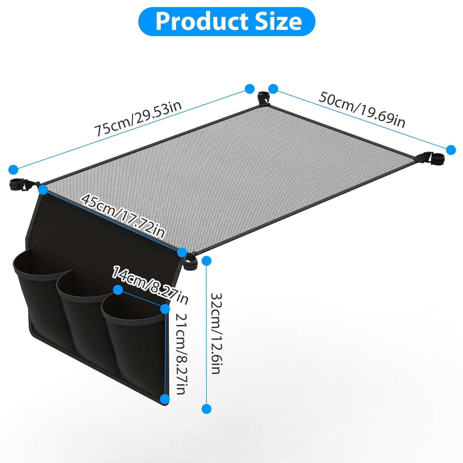 Hanging Storage Net for 35.43x23.62 Camping Table Under Table Folding Net Bag Tear-Resistant with 3 Side Pockets 4 Corner Clips for Camping Hiking Fis