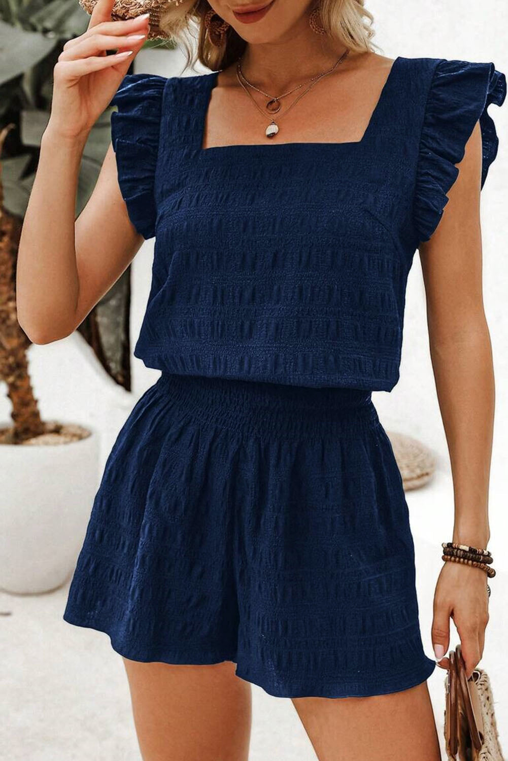 Dirty Blue Textured Square Neck Top and Shirred High Waist Shorts Set