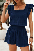 Dirty Blue Textured Square Neck Top and Shirred High Waist Shorts Set