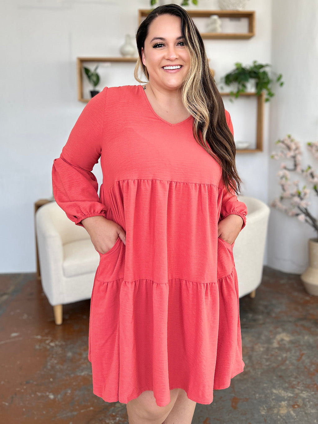 Light Green Double Take Full Size V-Neck Sleeve Tiered Dress with Pockets Elegant & Comfortable Casual Dress