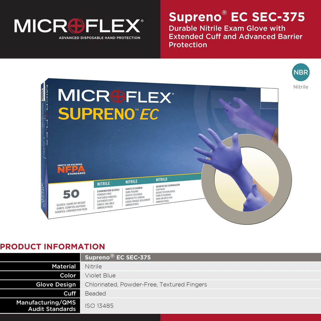 Supreno® EC Nitrile Extended Cuff Length Exam Glove, Extra Large, Blue SEC-375-XL