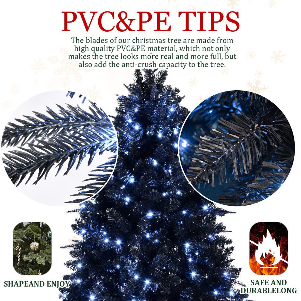 5 FT Black Christmas Tree with 250 White LED Lights | 1076-Tip PE+PVC Pre-Lit Artificial Tree for Halloween & Holiday Decor — Metal Stand Included