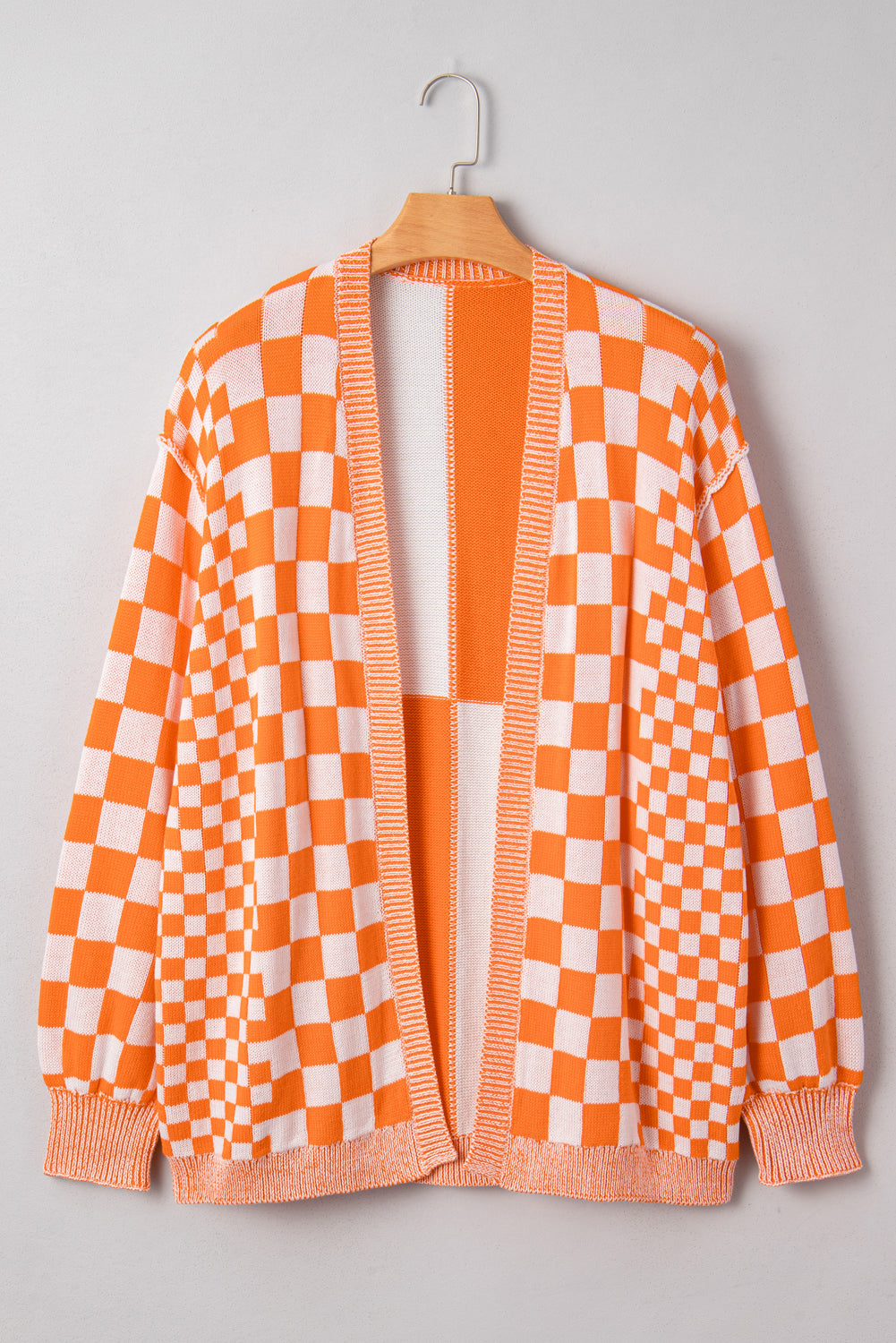 Brown Checkered Bubble Sleeve Drop Shoulder Open Cardigan