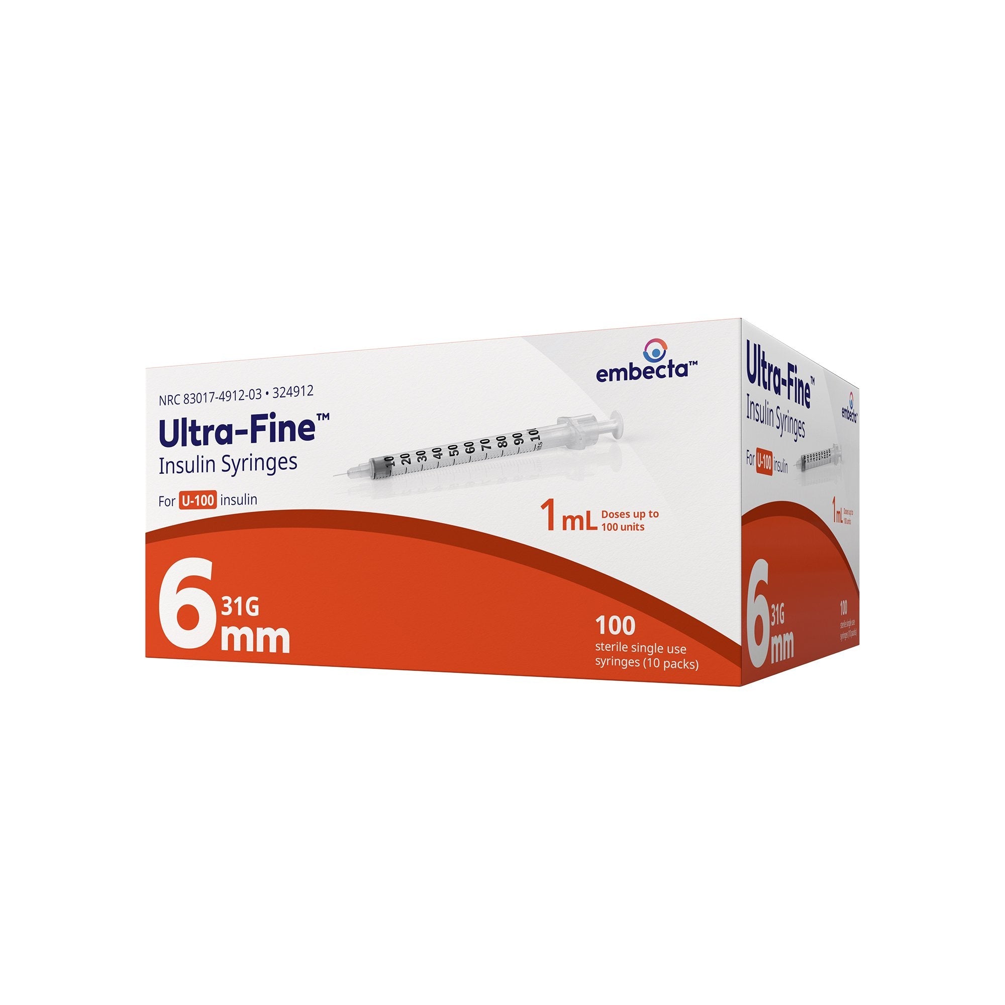 Standard Insulin Syringe with Needle Veo™ Ultra-Fine™ 1 mL 15/64 Inch 31 Gauge NonSafety Regular Wall 324912