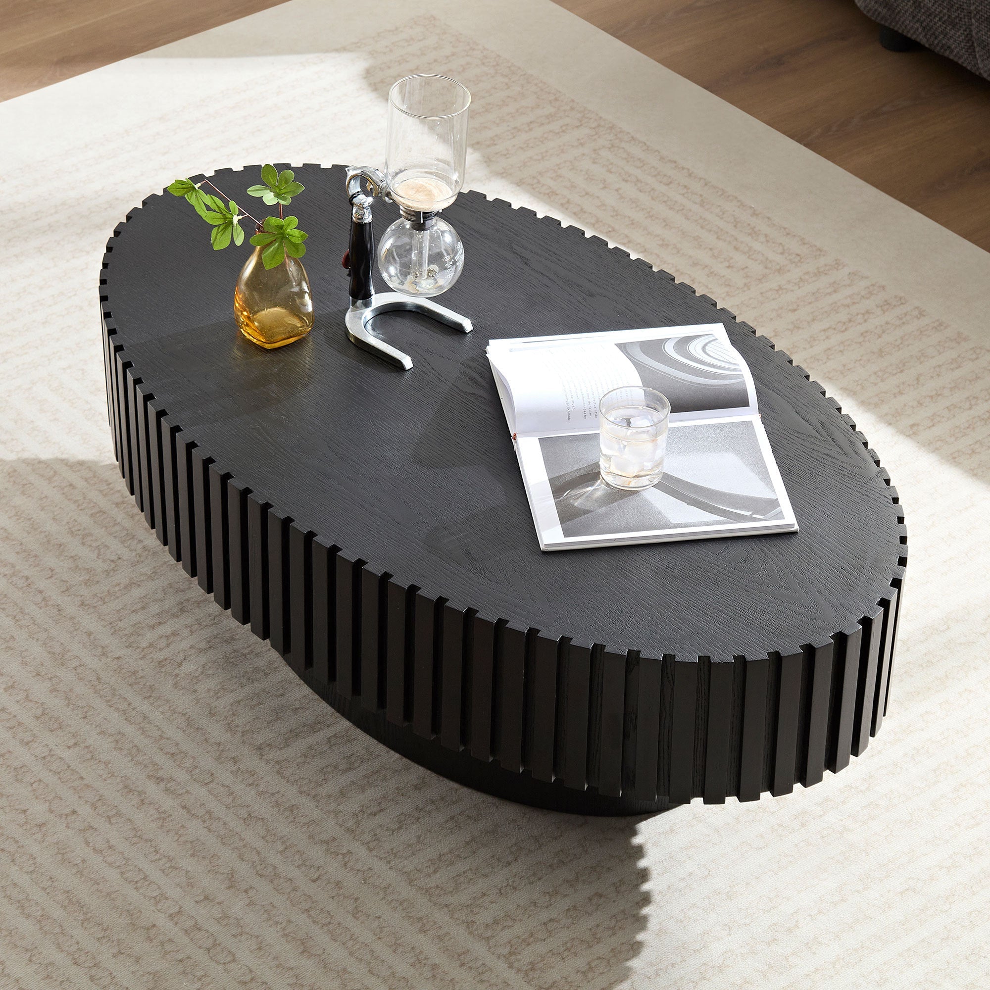 Modern Handcraft Drum Coffee Table Length 43.7 inch Ellipse Coffee Table for Living Room,Oval Small Coffee Table with Sturdy Pedestal,Black MDF