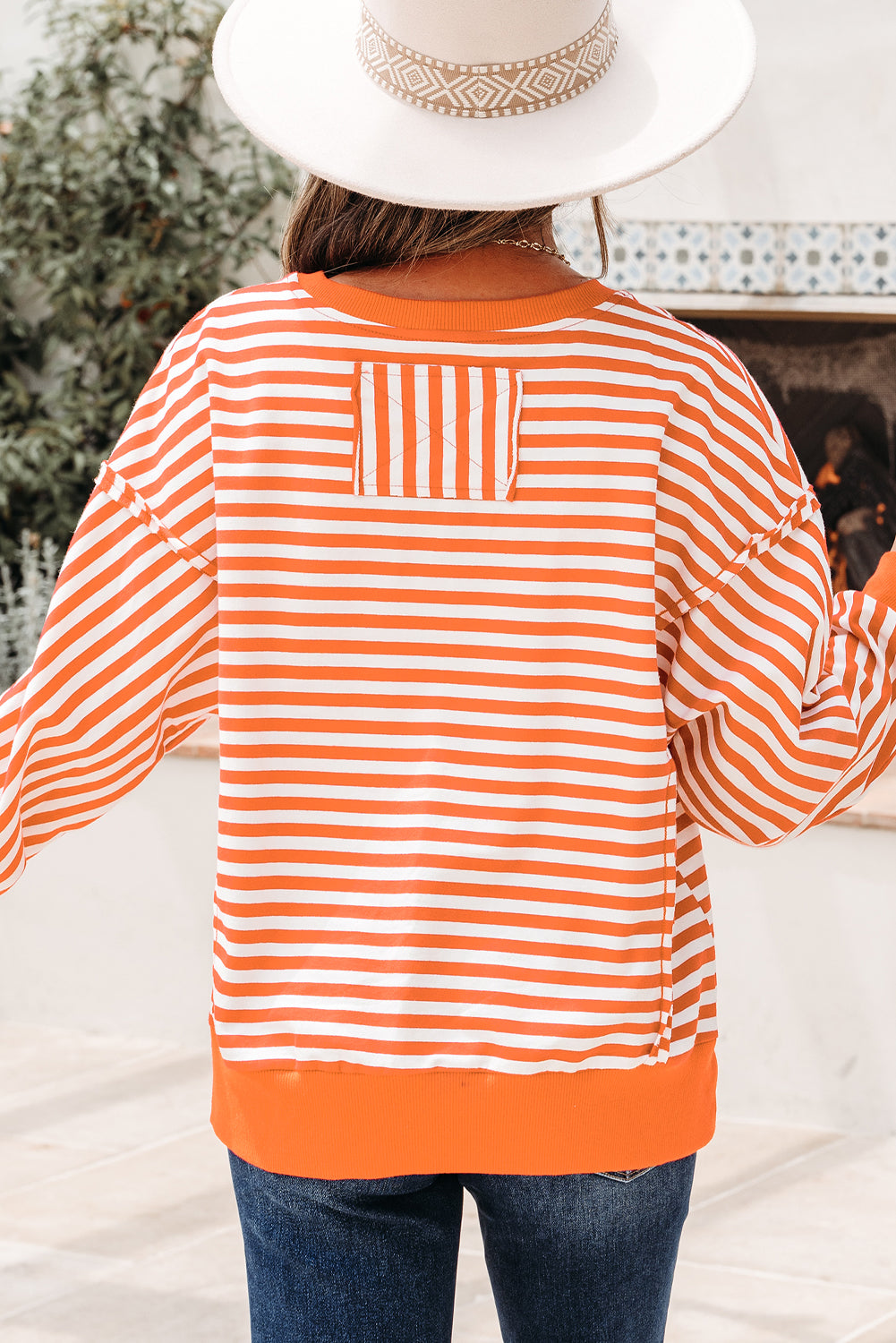 Black Stripe Exposed Seam Drop Shoulder Casual Pullover Top