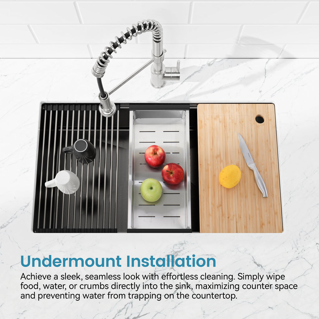 Stainless Steel Kitchen Sink, 30″x19″ Single Bowl, Undermount Handmade Sink in Black, with Cutting Board, Colander