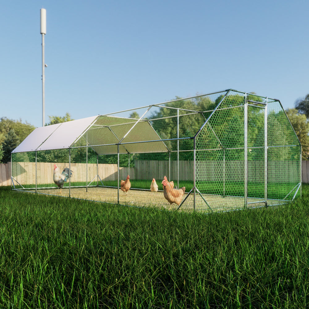 9.94×25.68 FT Large Walk-In Chicken Coop | Galvanized Steel Poultry Run with UV Waterproof Tarp & Lockable Doors — Hen House & Farm Pen