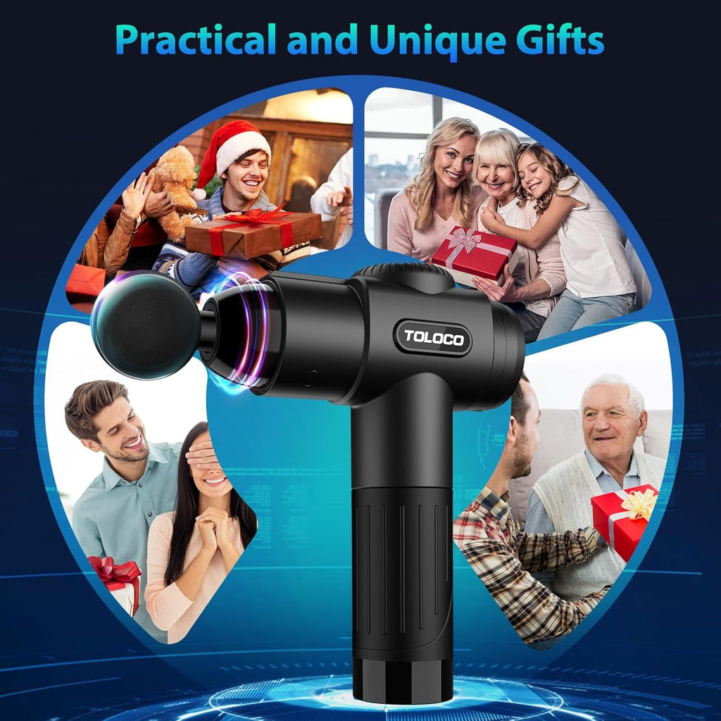 TOLOCO Massage Gun, Deep Tissue Back Massage for Athletes for Pain Relief, Percussion Massager with 10 Massages Heads & Silent Brushless Motor, Valentines Day Gifts for Him Her, Black