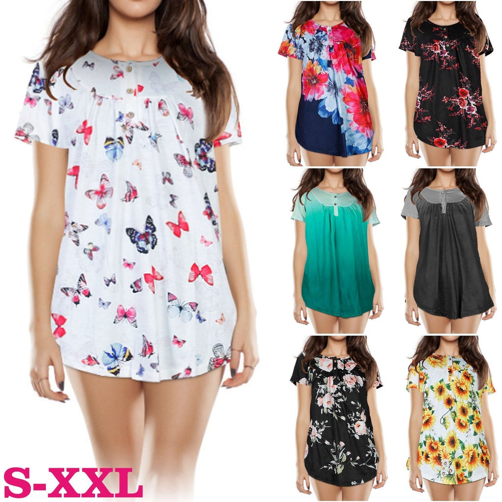 Women Summer Shirts Tops Loose Short Sleeve T Shirts Casual Floral Printed Button Shirts Blouse S-XXL