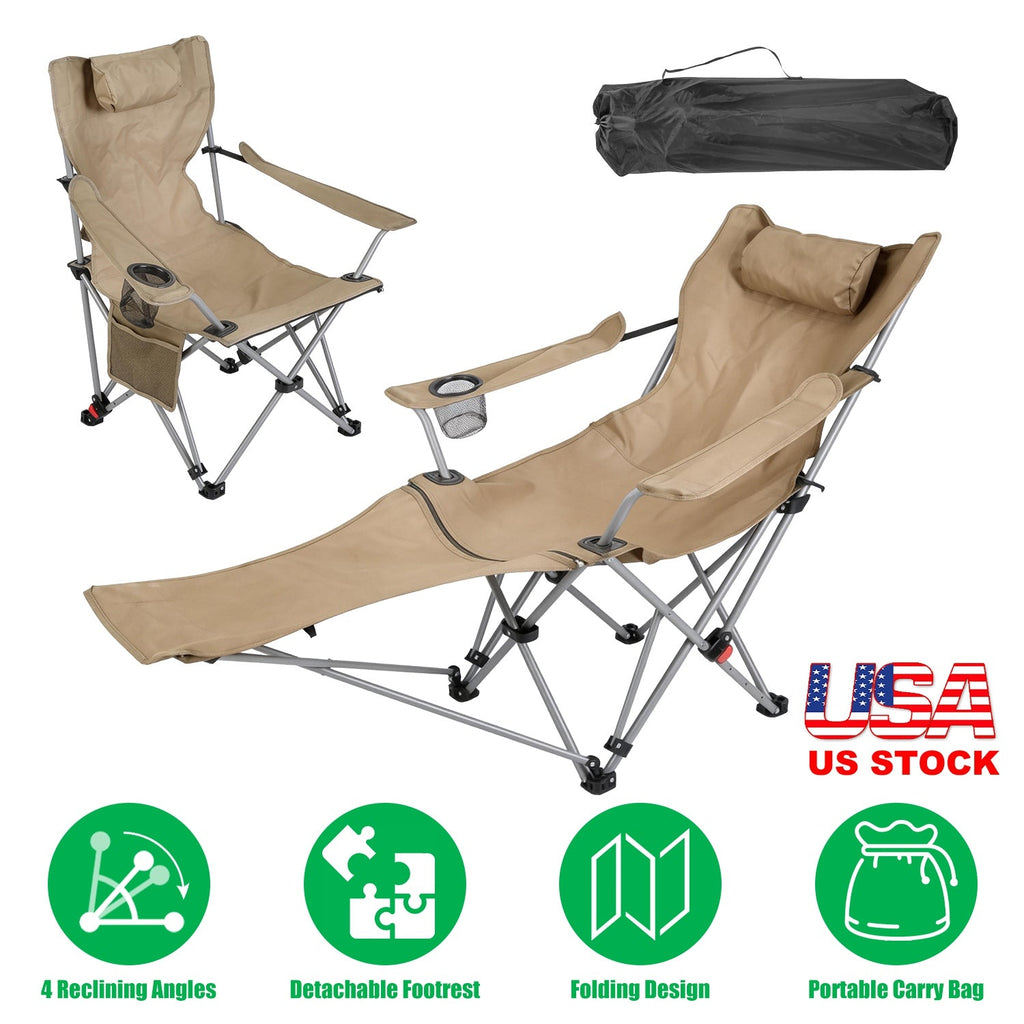 Reclining Camping Chair with Footrest 4-Position Adjustable Outdoor Folding Chair Heavy Duty Portable Camping Lounge Chair with Headrest Cup Holder &