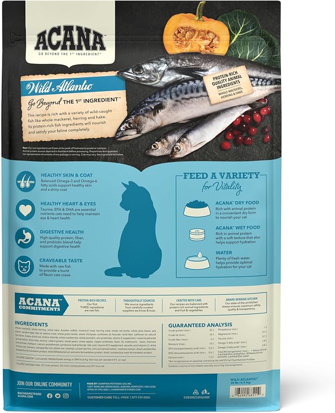 ACANA Grain - free Dry Cat Food Wild Atlantic Saltwater Fish with Freeze - Dried Liver 10lb Bag - PhishStones Products