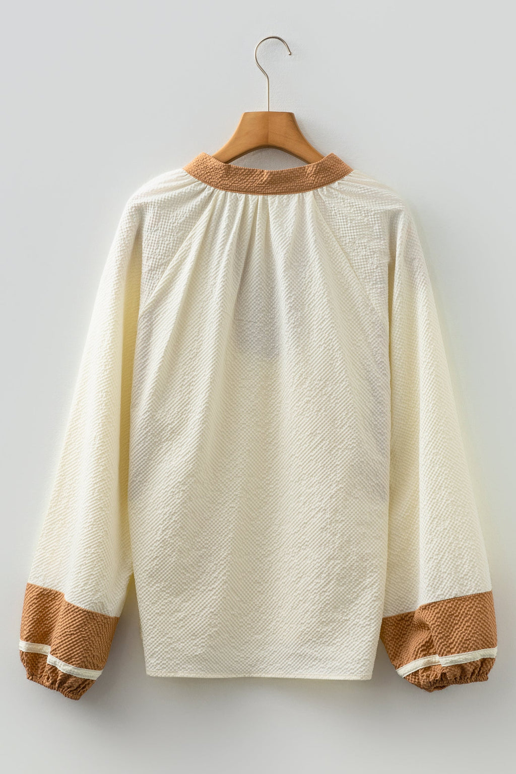 Black Color Block Patchwork Detail V Neck Textured Long Sleeve Blouse